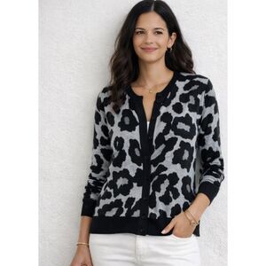Michael Kors Leopard Print Cardigan L Black Gray Button Front Sweater Pockets